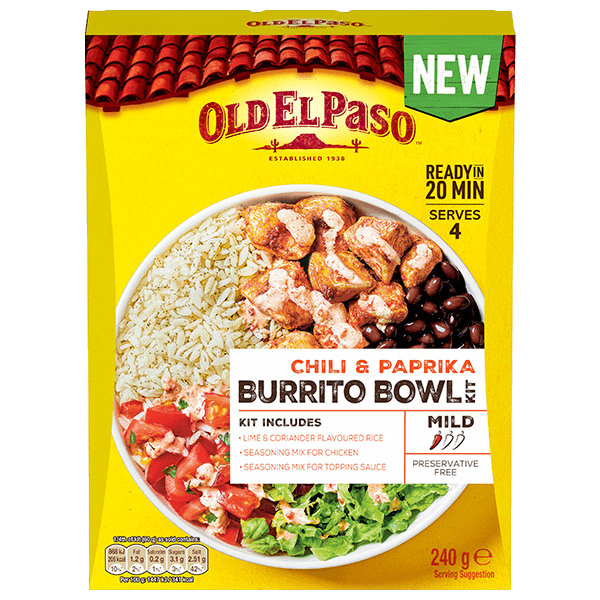 pack of Old El Paso's chili paprika burrito bowl kit (240g)