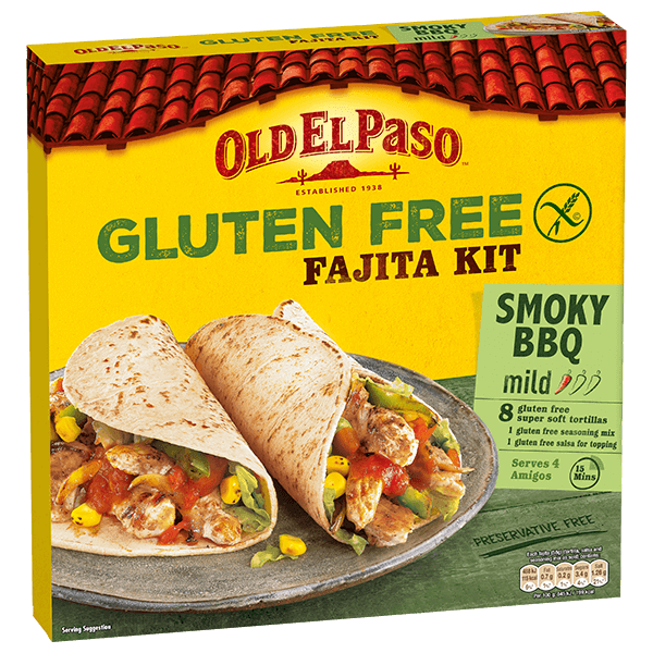 pack of Old El Paso's gluten free mild fajita kit containing gluten free soft flour tortillas, seasoning mix & salsa (462g)