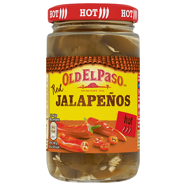 glass jar of Old El Paso's sliced red jalapanos (215g)