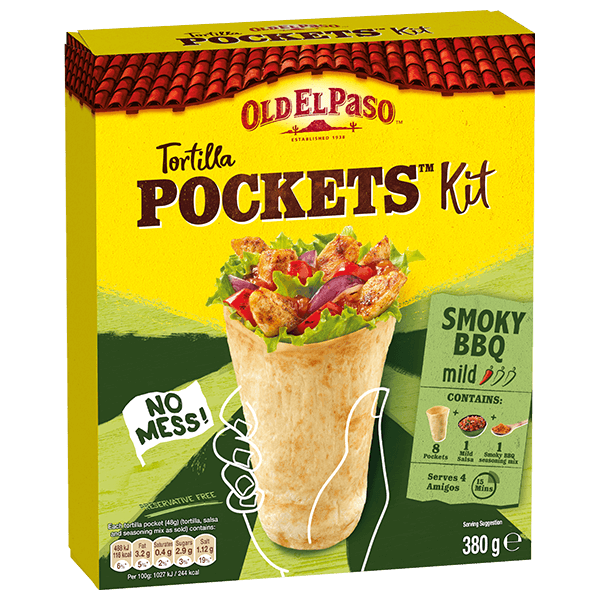 pack of Old El Paso's smoky BBQ tortilla pockets kit containing pockets salsa & seasoning mix (380g)